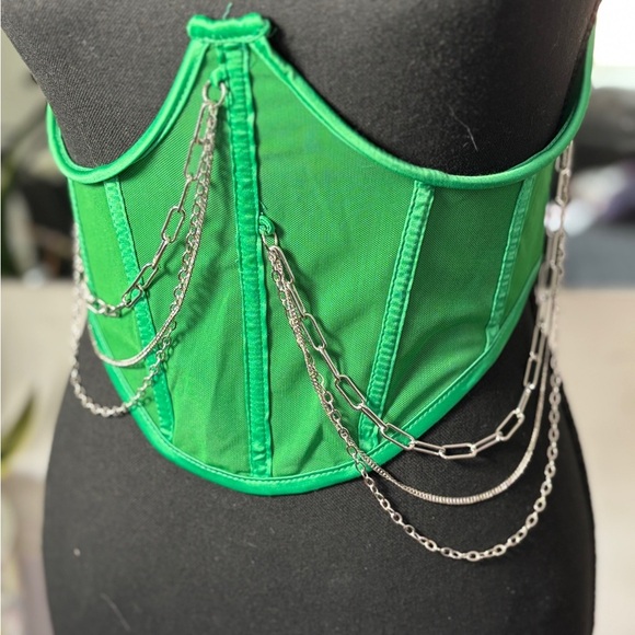 NWT Green Lace Zip Up Under bust Edgy Punk Grunge Chain Detail Corset SZ M - Picture 2 of 4